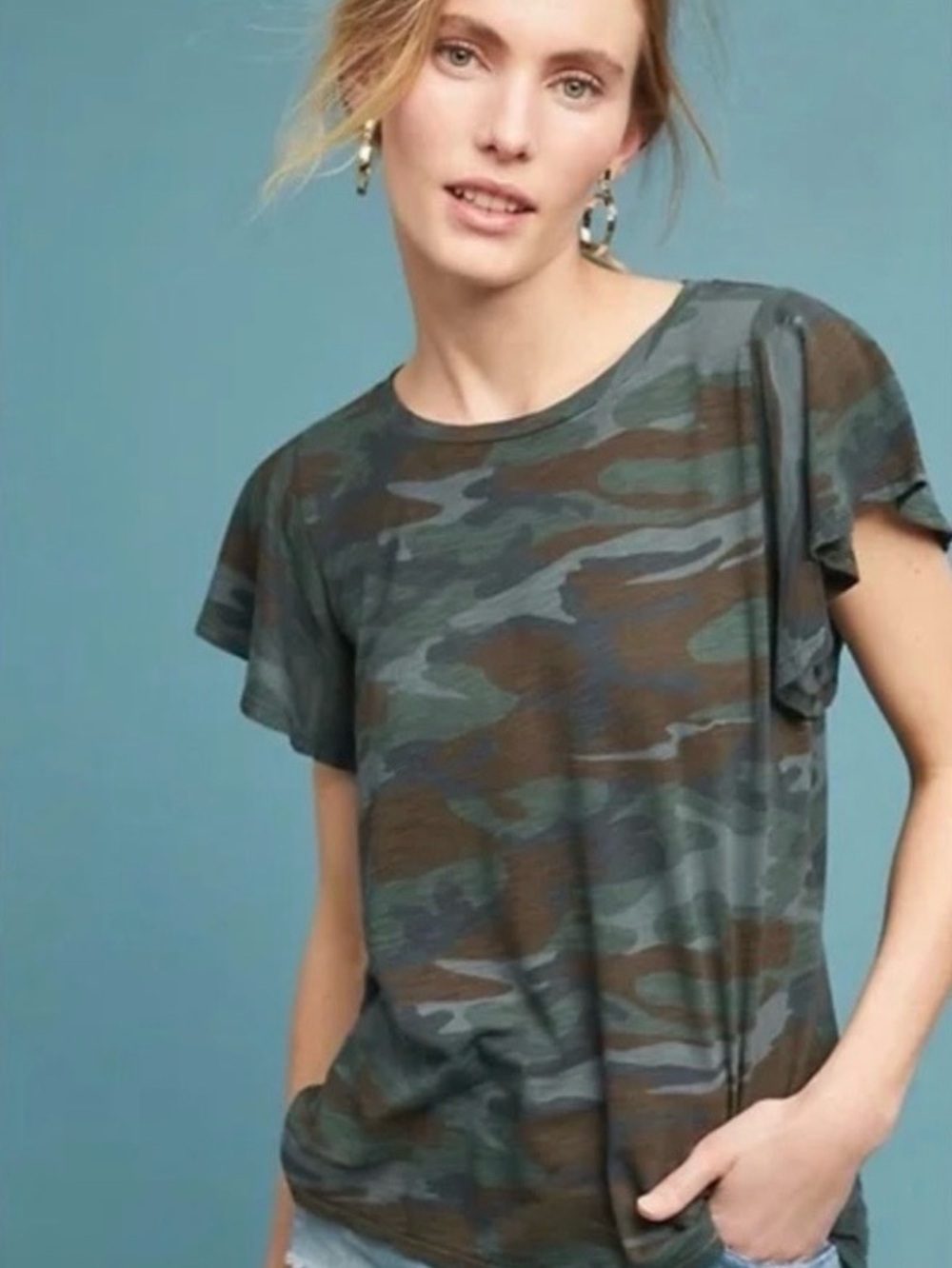 Anthropologie T. La Camo Flutter Sleeve Women's Tee -